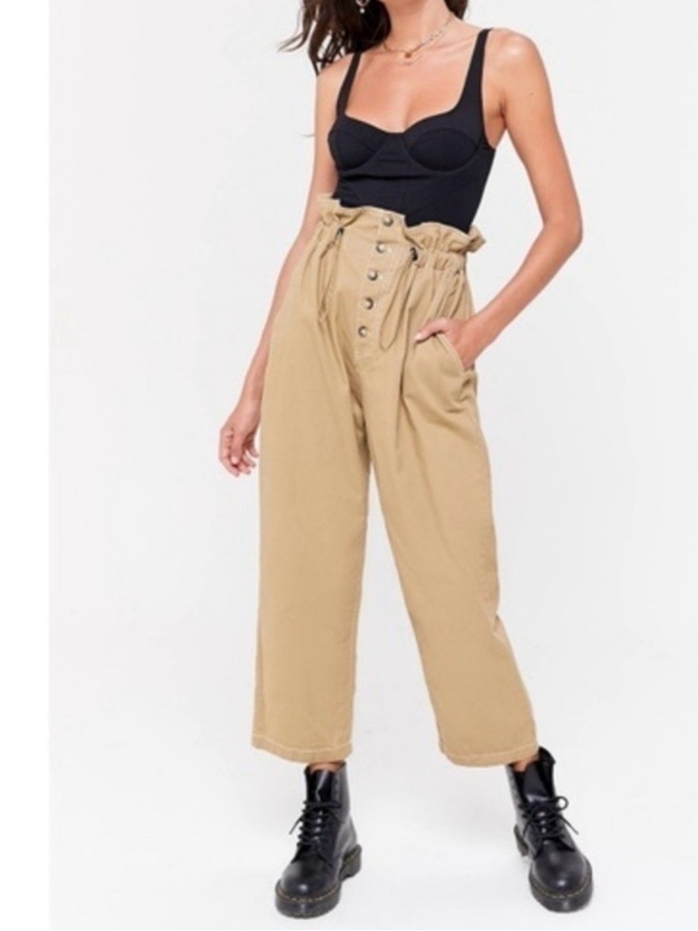 Urban Outfitters Khaki Paperbag Wide-Leg Button Pants